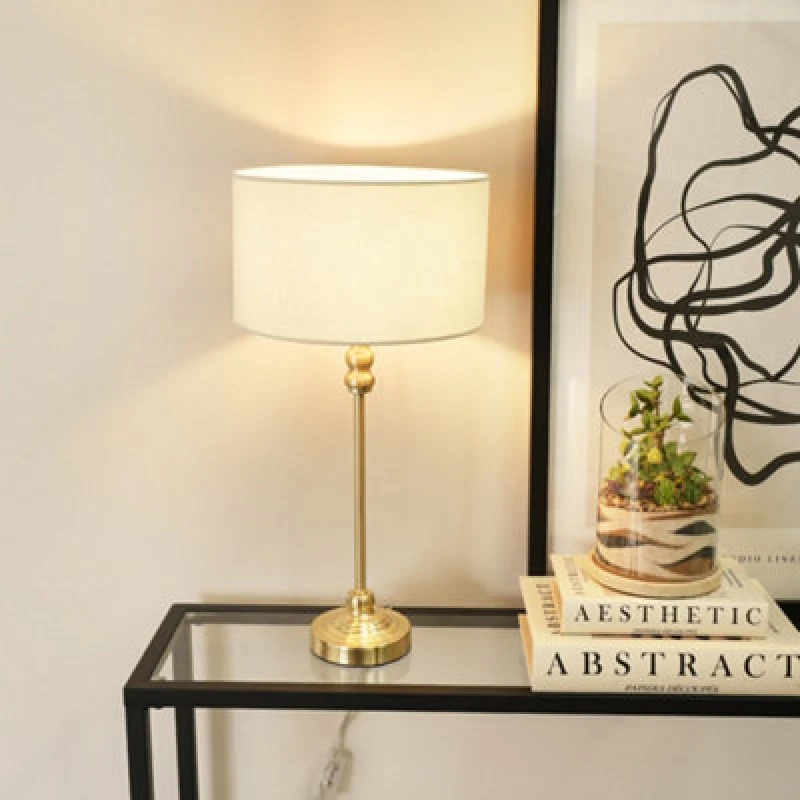 Image of ValueLights ValueLights Maggie Gold Metal Candlestick Slim Table Lamp with Fabric Drum Lamp Shade in White White One Size Unisex 5059406046124