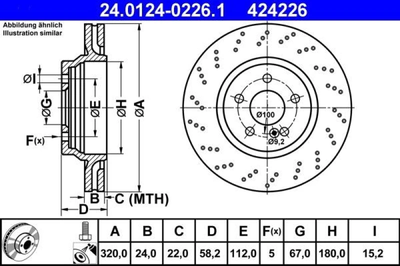 Image of ATE 24.0124-0226.1 Brake disc perforated/vented, Coated, Alloyed/High-carbon, with bolts/screws Brake Disc (82)