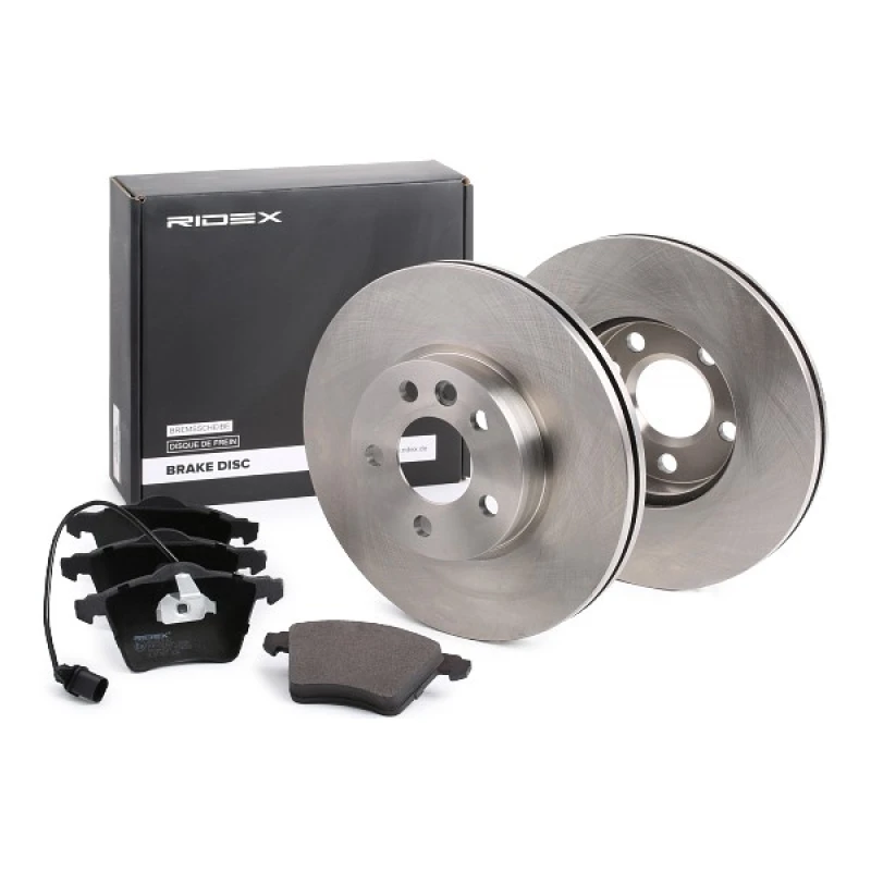 Image of RIDEX 3405B0083 Brake disc and pads set Front Axle, Brake Disc Type: Vented, incl. wear warning contact, with anti-squeak plate Brake Set,disc brakes