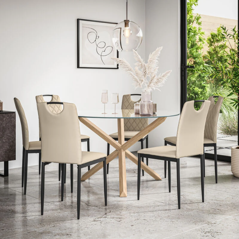 Image of More4Homes Malvern Round Dining Table & Chairs - Clear Glass Table Top w Solid Oak Legs + Monza Faux Leather Dining Chair Set Of 6 in Beige Beige Unis