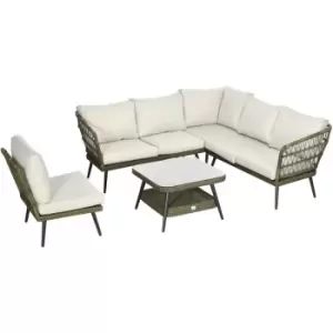 Image of Outsunny - Rattan Corner Sofa, Rattan Garden Furniture w/Glass Top Two-tier Table - Grey
