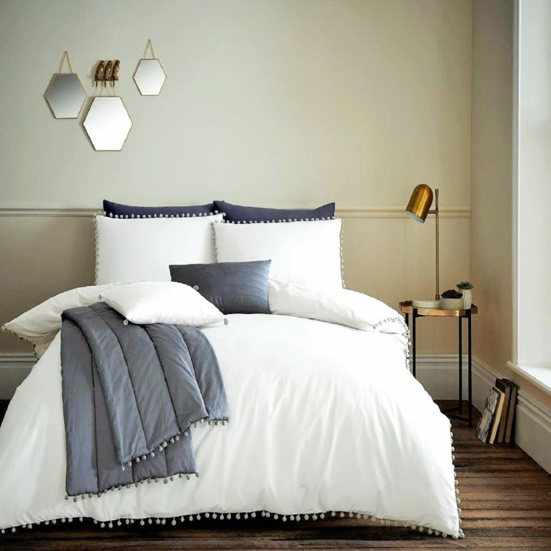 Image of Smart Living Smart Living Premium Polycotton Pom Pom Duvet Cover With Pillowcases in White Size: King White King Unisex 5051346159735