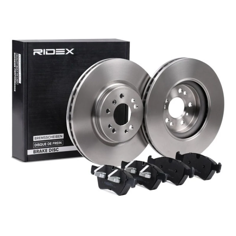 Image of RIDEX 3405B1177 Brake disc and pads set Front Axle, Brake Disc Type: internally vented, prepared for wear warning indicator, with piston clip Brake S