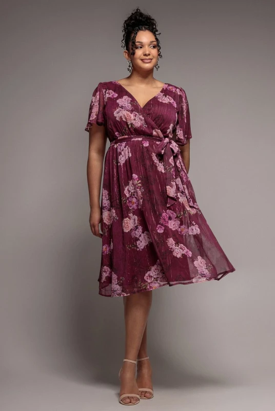 Image of Goddiva Womens Floral Print Wrap Chiffon Midi Dress in Dark Red Size: 16 Dark Red Female 16