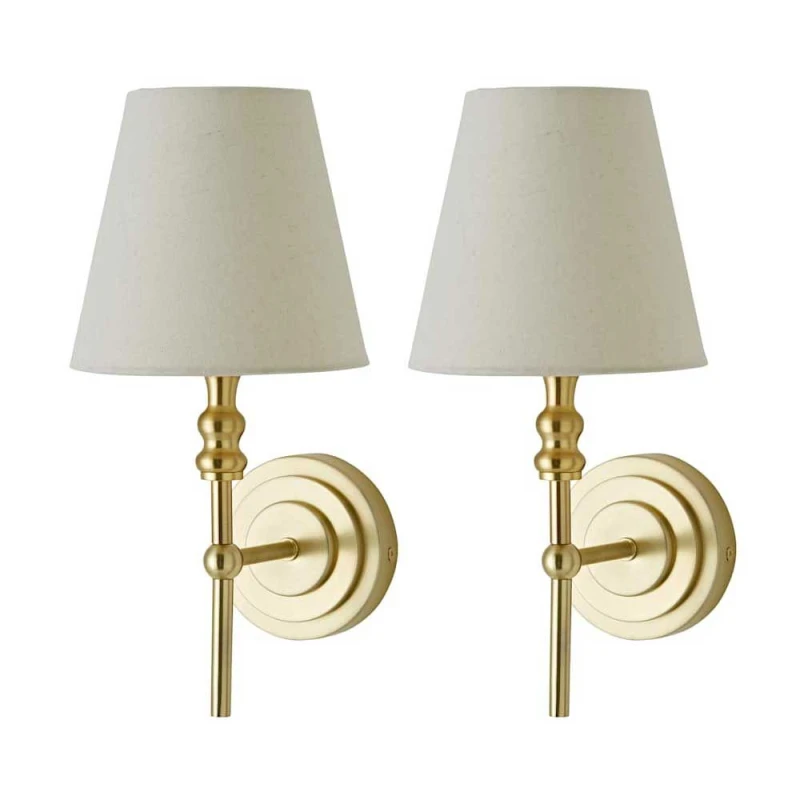 Image of ValueLights ValueLights Maggie Pair of Wall Lights with Linen Tapered Lamp Shades and Bulbs in Gold Gold One Size Unisex 5059406069512