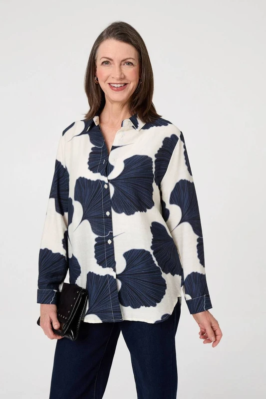 Image of Izabel London Womens Abstract Long Sleeve Button Front Shirt in Navy Size: 10 Navy Female 10