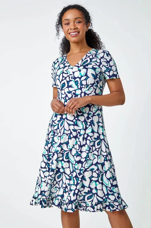 Image of Roman Womens Petite Floral Frill Hem Stretch Dress in Navy Size: 14 Navy Female 14