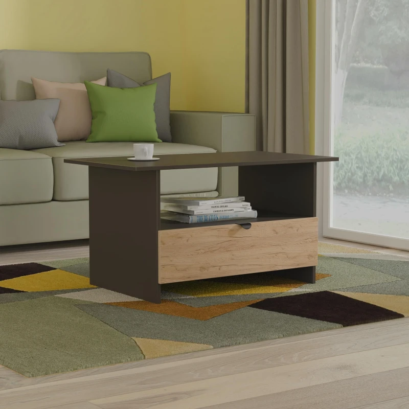 Image of Welcome Furniture Ltd Bora Bottom Drawer Coffee Table in Gold Craft Oak & Graphite - Ready Assembled, Grey BOP225GCGB