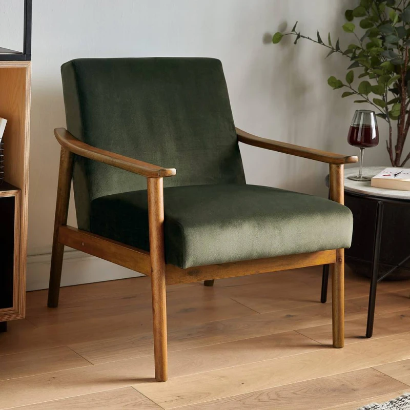 Image of Spinningfield Forest Green Armchair, Velvet Accent Chair For Living Room, Mid-Century Lounge Chair With Rubberwood Legs, Fairfield