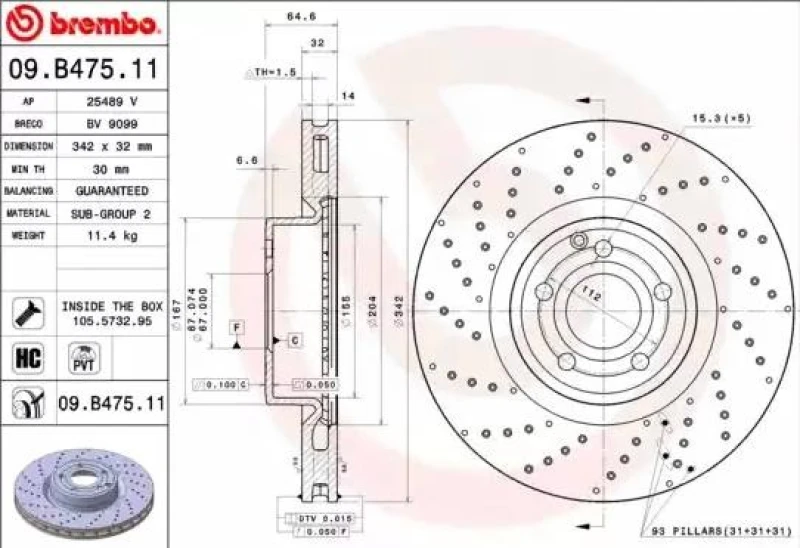 Image of BREMBO 09.B475.11 Brake disc perforated/vented, Coated, High-carbon, with bolts/screws Brake Disc (82)