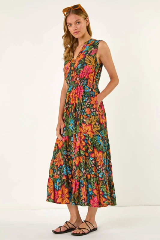 Image of Roman Womens Floral Shirred Maxi Dress in Red Size: 10 Red Female 10