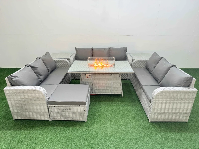 Image of Fimous PE Rattan Lounge Sofa Set 10 Seater Outdoor Garden Furniture Set with Firepit Dining Table 3 Seater Sofa Big Footstool 2 Side Table Light Grey