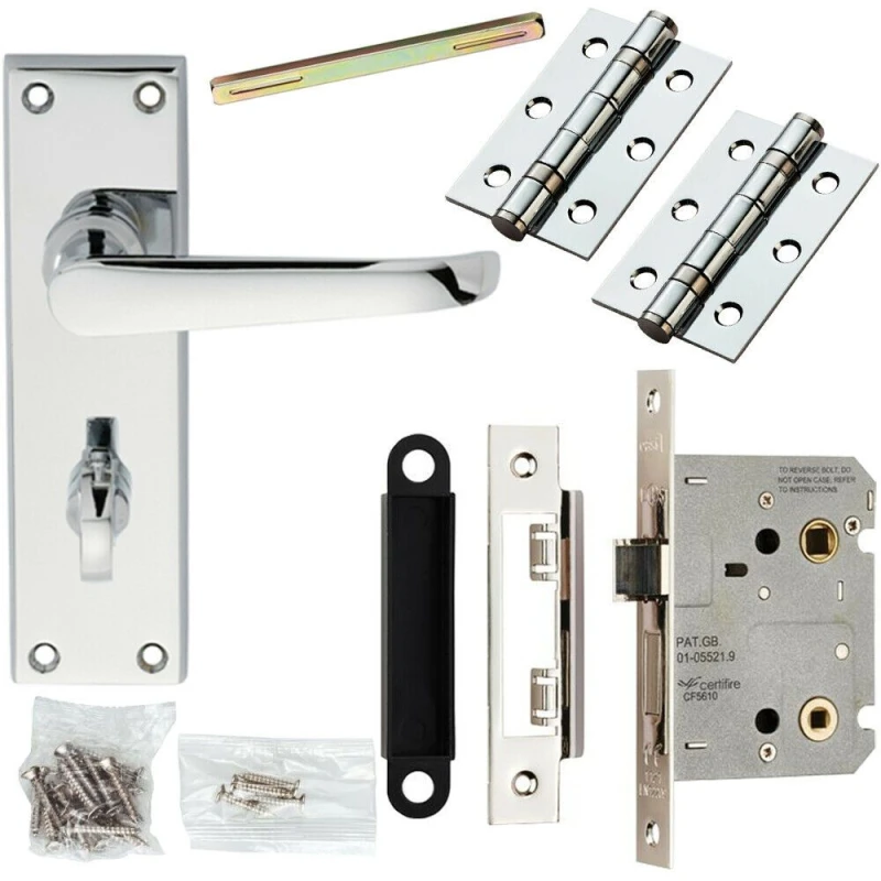 Image of Loops Door Handle & Bathroom Lock Pack Chrome Victorian Straight 150 x 42mm Backplate Multi