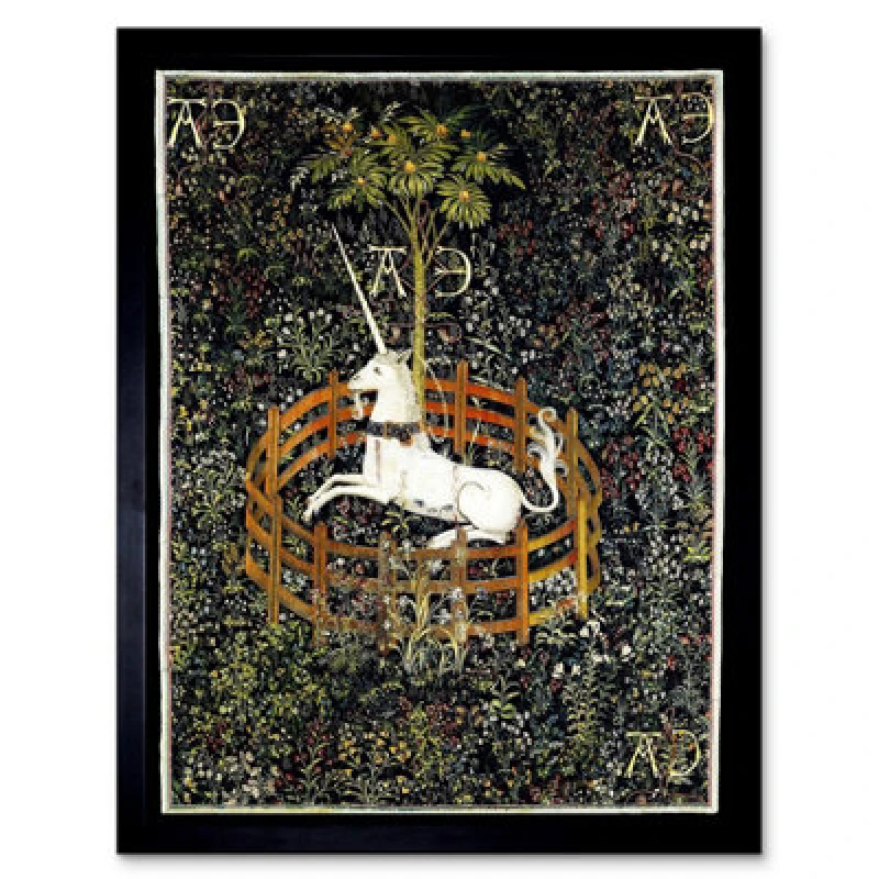 Image of Artery8 Medieval Tapestry Unknown Hunt Unicorn Captivity Framed Wall Art Print
