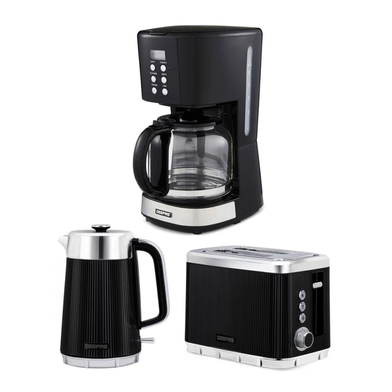 Image of Geepas Arcus 1.7L Kettle & Toaster Set with Filter Coffee Machine in Black Unisex