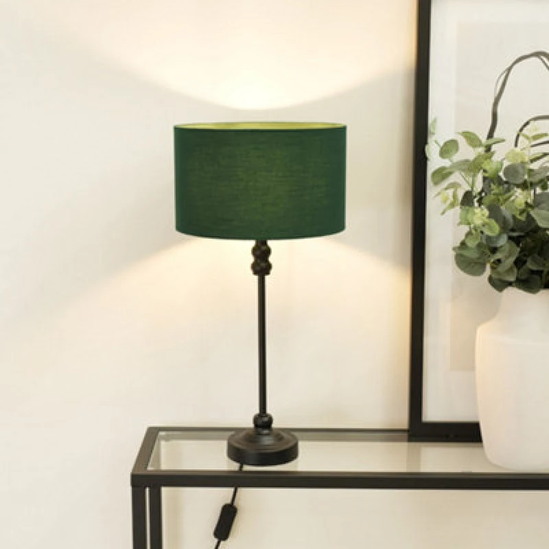 Image of ValueLights Maggie Black Metal Candlestick Slim Table Lamp with Fabric Drum Lamp Shade Bottle Green