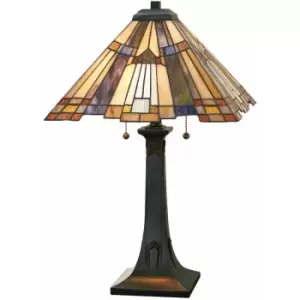 Image of 2 Bulb Table Lamp Pyramid Shape Tiffany Style Glass Valiant Bronze LED E27 60W