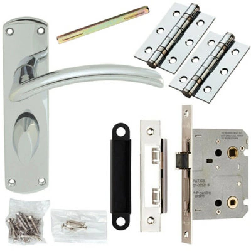 Image of Loops Door Handle & Bathroom Lock Pack Chrome Arched Lever Thumb Turn Backplate Multi