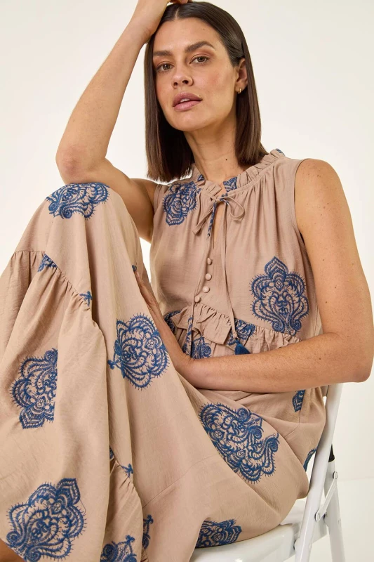Image of Roman Womens Embroidered Tie Front Maxi Dress in Light Beige Light Beige Female One Size