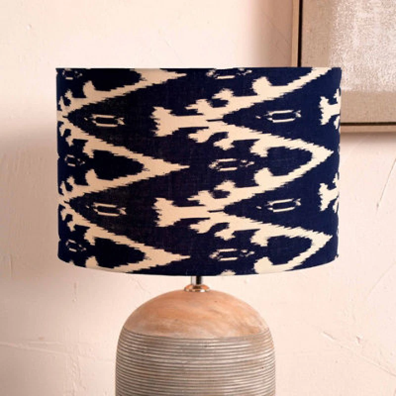 Image of Ruma Navy Blue Ikat Patterned Cylinder Lampshade for Table Lamps Blue