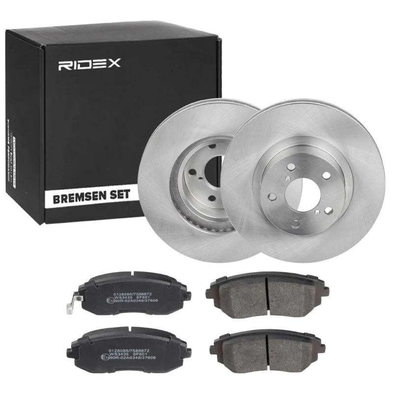 Image of RIDEX 3405B1275 Brake disc and pads set Front Axle, Brake Disc Type: internally vented, with acoustic wear warning Brake Set,disc brakes (3405)