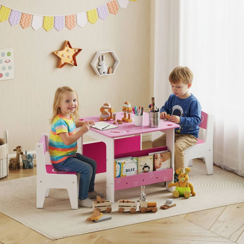 Image of AIYAPLAY 3 Pieces Kids Table & Chair Set with Bookshelves, Pink Pink Unisex