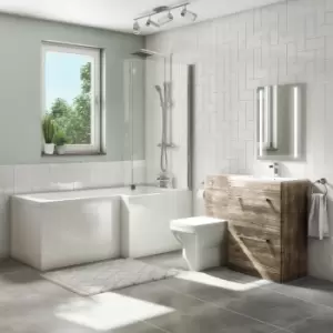 image of 1700mm L Shaped Bath Suite with Screen and Toilet & Basin Vanity Combination Unit - Grey Wood - Right Hand - Ashford