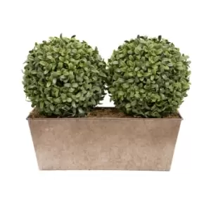 image of Greenbrokers Artificial Topiary Double Ball Aglaia Boxwood In Rustic Slanted Tin Window Box 35Cm/14In