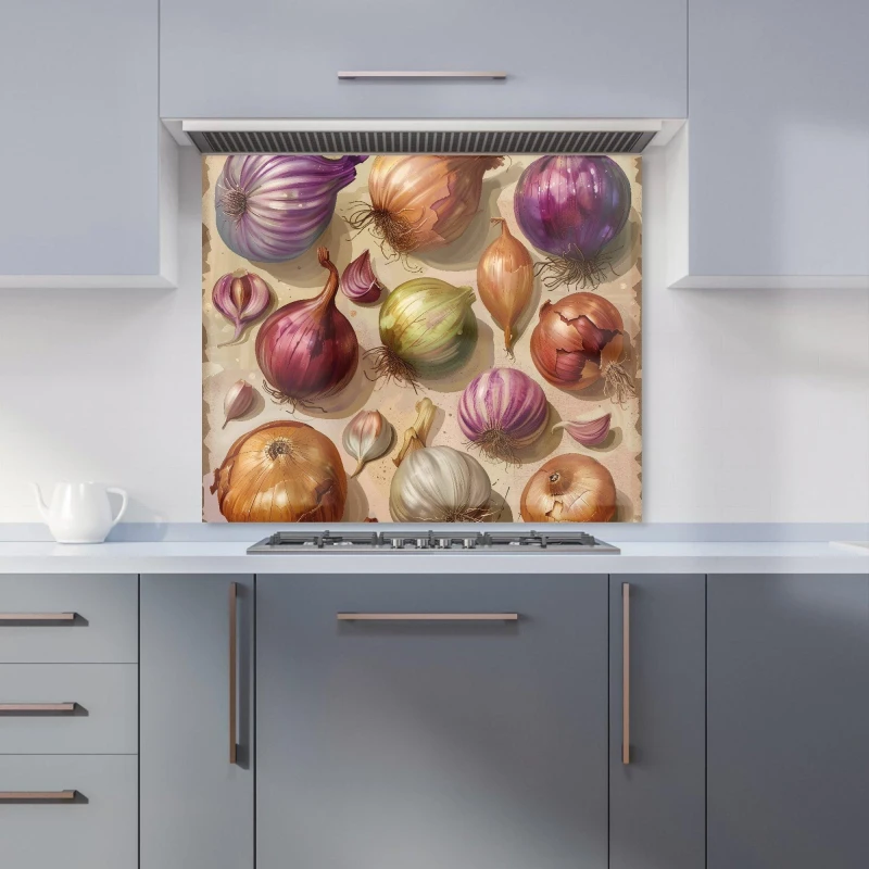 Image of Warren Reed - Designer Varieties of Onions & Garlic Kitchen Splashback Size: 600mm x 750mm Multicolor Unisex 600mm x 750mm