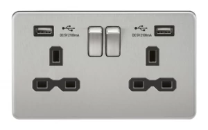 Image of KnightsBridge 2G 13A Screwless Brushed Chrome 2G Switched Socket with Dual 5V USB Charger Ports - Black Insert