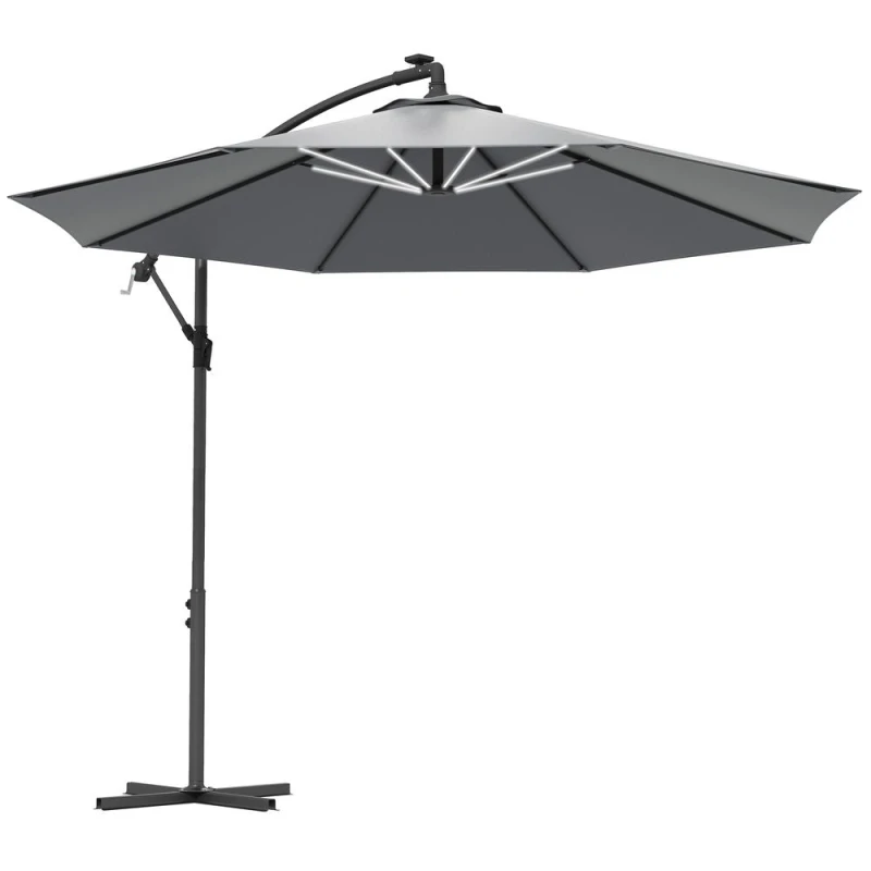 Image of Outsunny 3(m) LED Patio Banana Umbrella Cantilever Parasol W/ Crank, Grey 84D-066V01GY