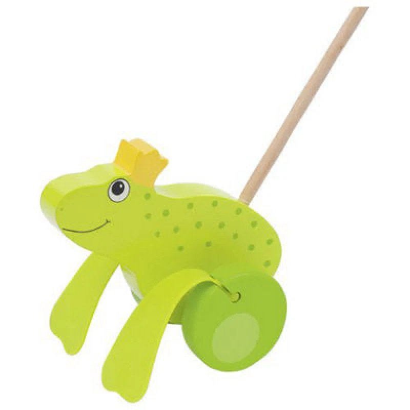 Image of Goki Push Along Wooden Frog Prince King W/ Wheels Wooden