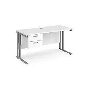 image of Rectangular Straight Desk White Wood Cantilever Legs Silver Maestro 25 1400 x 600 x 725mm 2 Drawer Pedestal