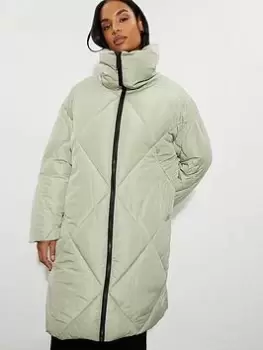 Image of Dorothy Perkins Funnel Neck Diamond Padded Longline Oversized Coat - Sage, Green, Size XL, Women