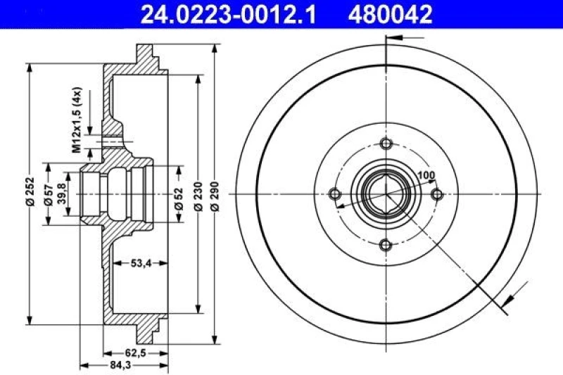 Image of ATE 24.0223-0012.1 Brake Drum 290,0mm, without ABS sensor ring Brake Drum (123)