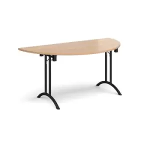 image of Semi circular folding leg table with Black legs and curved foot rails 1600mm x 800mm - beech