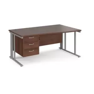 image of Office Desk Right Hand Wave Desk 1600mm With Pedestal Walnut Top With Silver Frame Maestro 25 MCM16WRP3SW