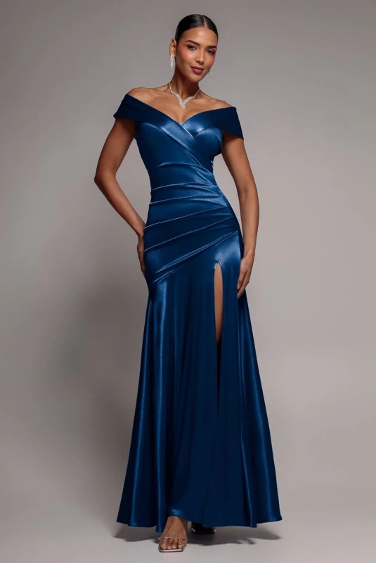 Image of Goddiva Womens Satin Off-Shoulder Pleated Maxi Dress in Navy Size: 16 Navy Female 16