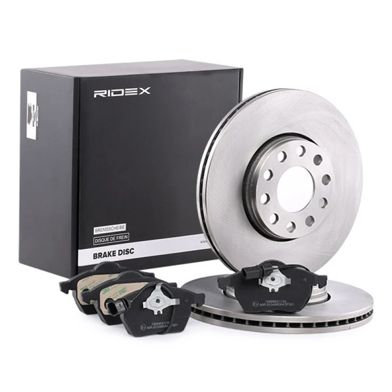 Image of RIDEX 3405B0094 Brake disc and pads set Front Axle, Brake Disc Type: Vented, incl. wear warning contact, with anti-squeak plate Brake Set,disc brakes