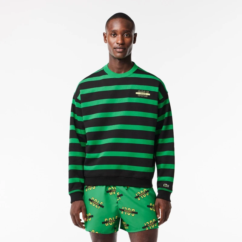 Image of Lacoste Mens Loose Fit Striped Crew Neck Jumper Black/Calathea male XS
