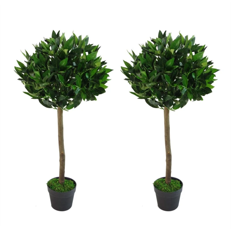 Image of Leaf Design Pair of 90cm (3ft) Plain Stem Artificial Topiary Bay Laurel Ball Trees