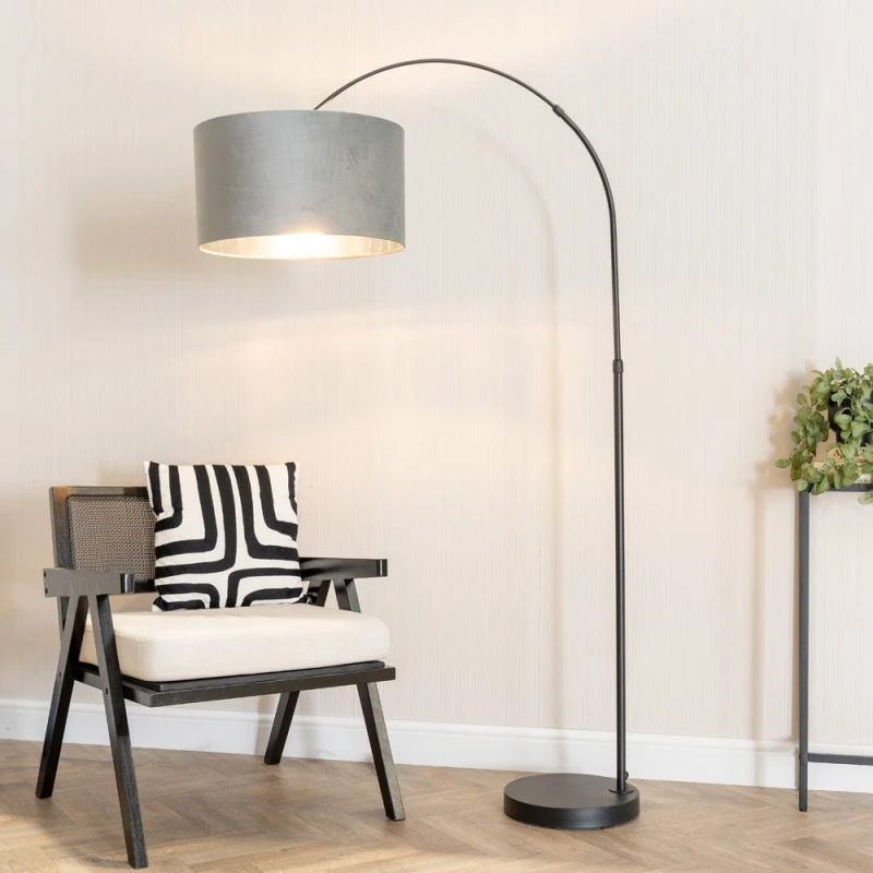 Image of ValueLights ValueLights Louis Black Arched Floor Lamp with Grey Velvet and Metallic Chrome Inner Shade Grey One Size Unisex 5059406061158