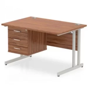 Image of Impulse 1200 Rectangle Silver Cant Leg Desk WALNUT 1 x 3 Drawer Fixed Ped