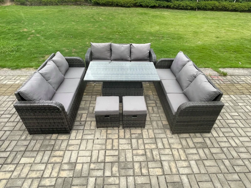 Image of Fimous Garden Dining Set Outdoor Rattan Furniture Lounge Sofa Height Adjustable Rising lifting Table Dark Grey