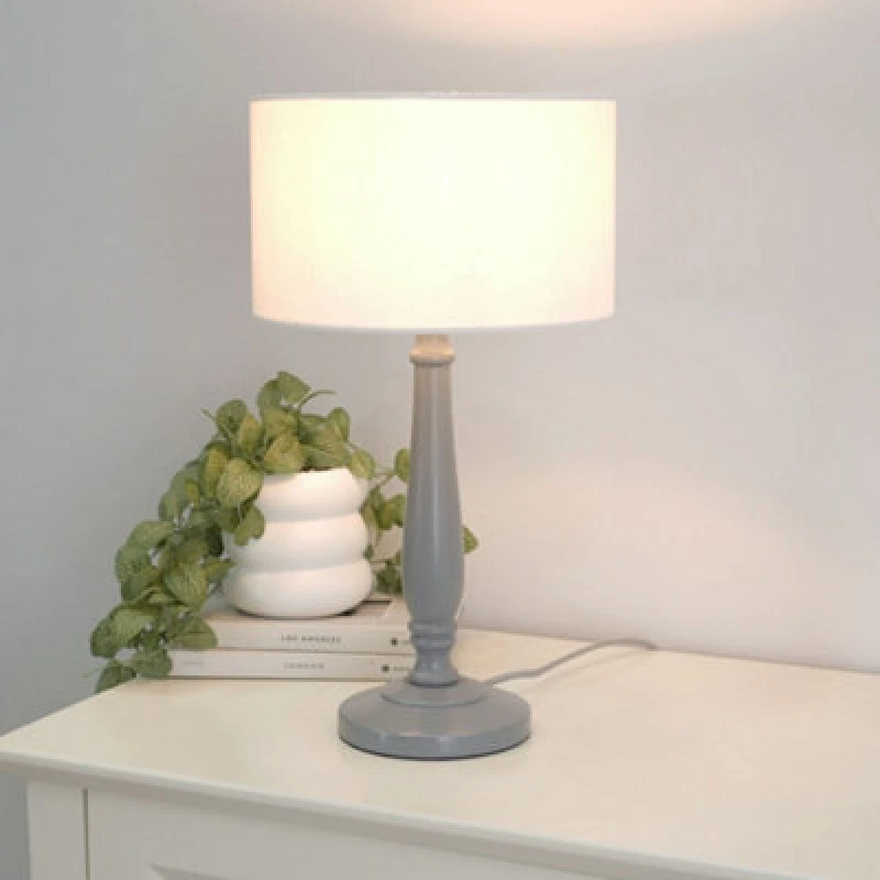 Image of ValueLights Victoria Grey Wood Traditional Table Lamp with Fabric Drum Shade and LED Bulb White