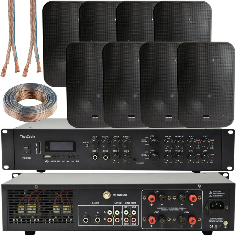 Image of Loops 800W Bluetooth Sound System 8x 200W Black Wall Speaker 4 Zone Matrix Amplifier Black unisex