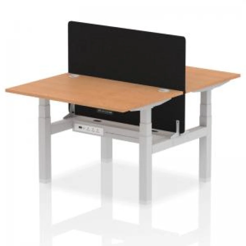 Image of Air Back - to - Back 1200 x 800mm Height Adjustable 2 Person Bench Office Desk Oak Top - Cable Ports Silver Frame - Black Straight Screen