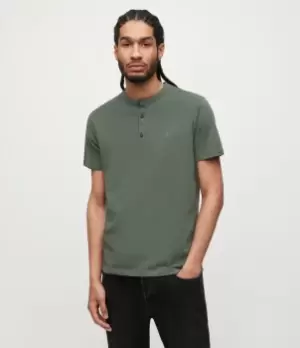 Image of AllSaints Mens Cotton Regular Fit Brace Henley T-Shirt, Green, Size: L, Green