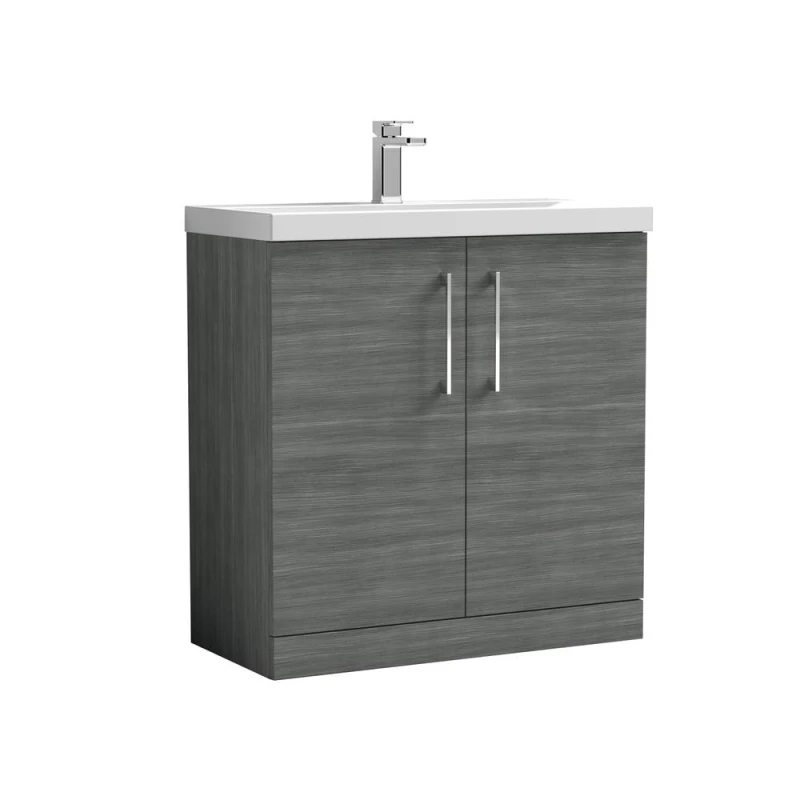 Image of Balterley Contemporary Bathroom Floor Standing 2 Soft-Close Door Vanity Unit & Mid-Edge Ceramic Basin, Anthracite Woodgrain, 800mm in Grey Grey Unisex