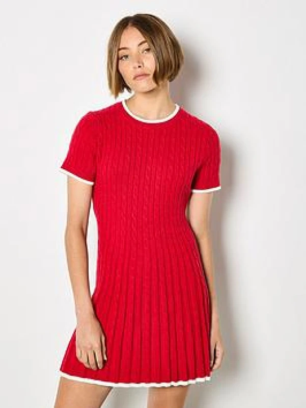 Image of Apricot Cable Knit Contrast Edge Fit And Flare Dress - Red Red WX4CE Female L,M,S,XL,XXL